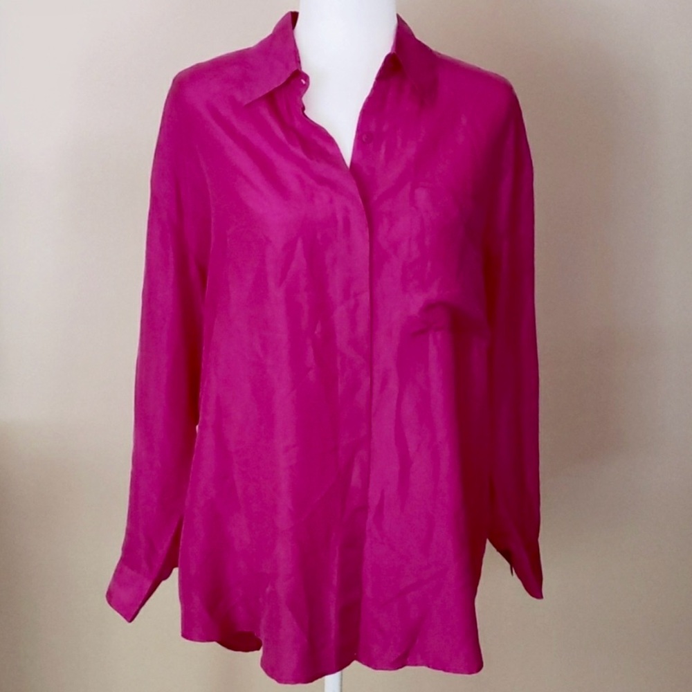 Bright Pink Top Button Down Shirt Long Sleeve blouse — 100% silk — M / L / XL